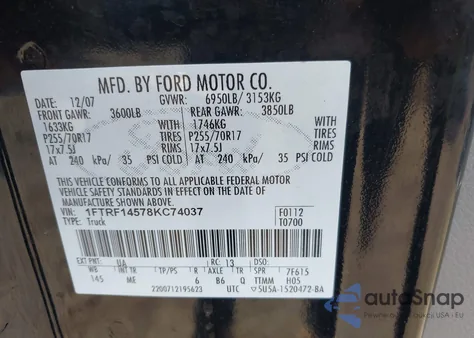 2008 Ford F-150 Fx4/Xl/Xlt z USA, uszkodzony, nr VIN 1FTRF14578KC74037